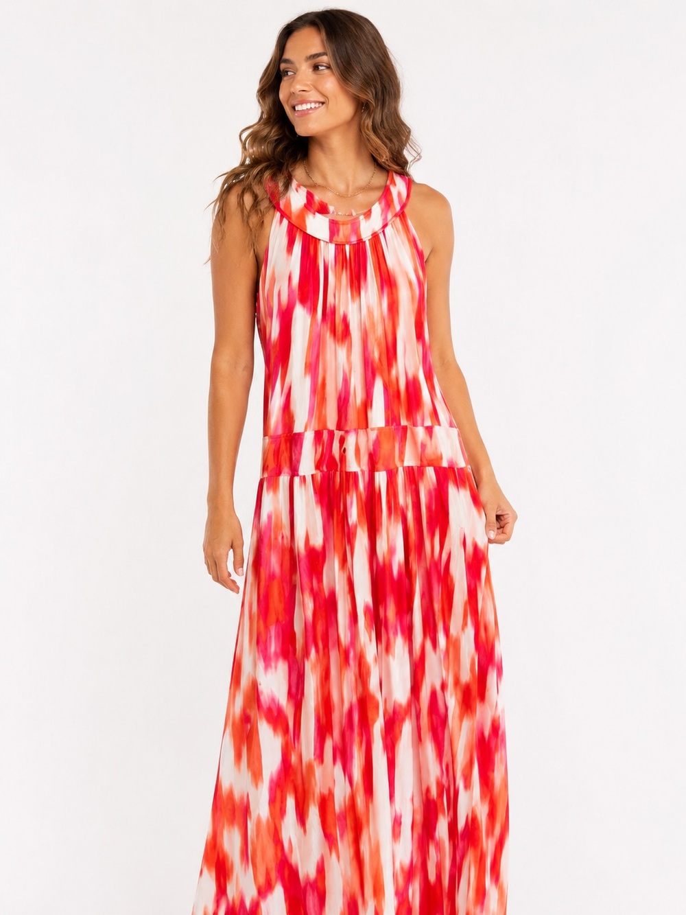 Calvin Klein Pink Orange Watercolor Maxi Dress Size Small Resort Vacation Boho